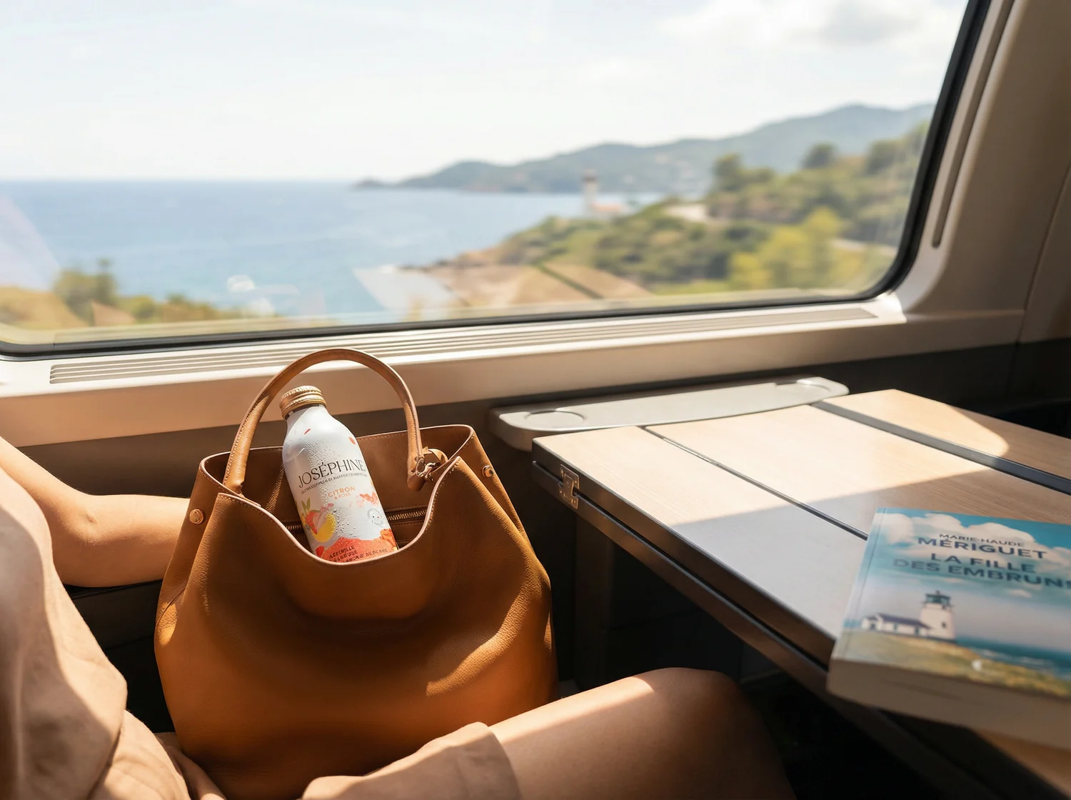 Joséphine Waters, bouteille dans un sac, train